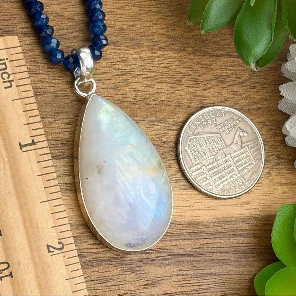 Large Pure Sterling Silver 925 Rainbow Moonstone Pendant Necklace Boho New